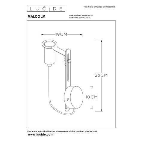 MALCOLM - Applique murale - 1xE27 - Noir