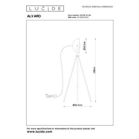ALVARO - Lampadaire - 1xE27 - Noir