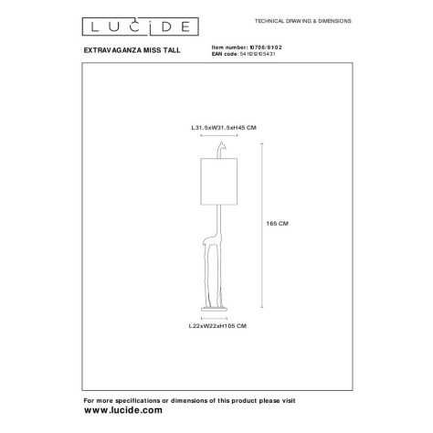 EXTRAVAGANZA MISS TALL - Lampadaire - Ø 31,5 cm - 1xE27 - Or Mat / Laiton