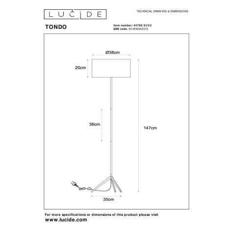 TONDO - Lampadaire - Ø 38 cm - 1xE27 - Or Mat / Laiton