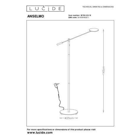 ANSELMO - Lampadaire / lampe de lecture - Ø 25 cm - LED Dim. - 1x9W 3000K - Chrome Dépoli