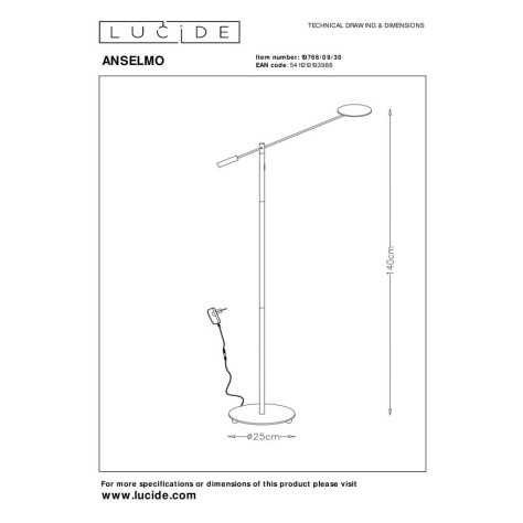 ANSELMO - Lampadaire / lampe de lecture - Ø 25 cm - LED Dim. - 1x9W 3000K - Noir