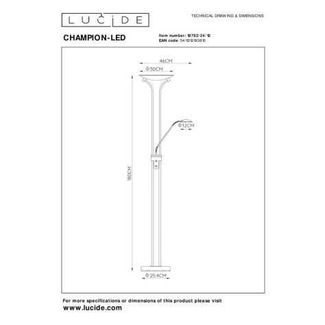 CHAMPION-LED - Lampadaire / lampe de lecture - LED Dim. - 3000K - Chrome Dépoli