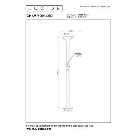CHAMPION-LED - Lampadaire / lampe de lecture - LED Dim. - 3000K - Noir