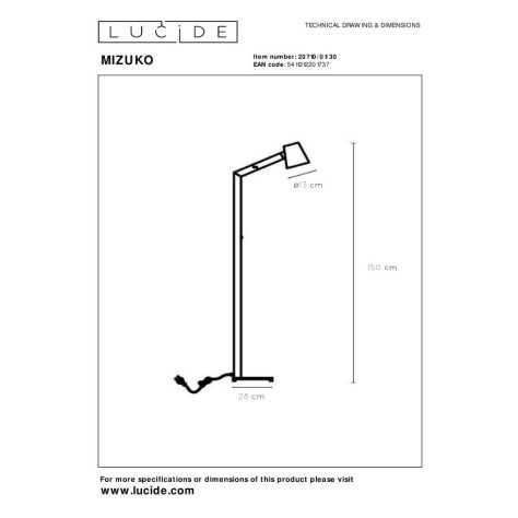 MIZUKO - Lampadaire / lampe de lecture - Ø 13 cm - 1xE14 - Noir