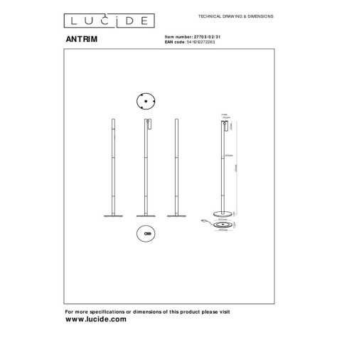 ANTRIM - Lampadaire / lampe de lecture Intérieur/Extérieur Rechargeable - Batterie/Piles - LED Dim. - 1x2,2W 2700K - IP