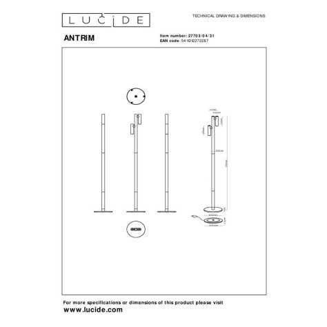 ANTRIM - Lampadaire / lampe de lecture Intérieur/Extérieur Rechargeable - Batterie/Piles - LED Dim. - 2x2,2W 2700K - IP