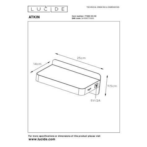 ATKIN - Lampe de chevet / Applique mural - LED - 1x6W 3000K - Point de rechargement USB - Noir