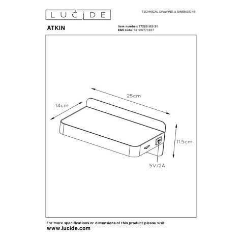 ATKIN - Lampe de chevet / Applique mural - LED - 1x6W 3000K - Point de rechargement USB - Blanc