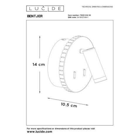 BENTJER - Lampe de chevet / Applique mural - Ø 14 cm - LED - 3000K - Noir