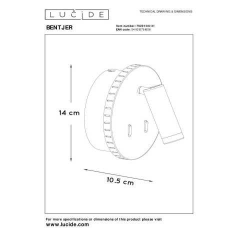 BENTJER - Lampe de chevet / Applique mural - Ø 14 cm - LED - 3000K - Blanc