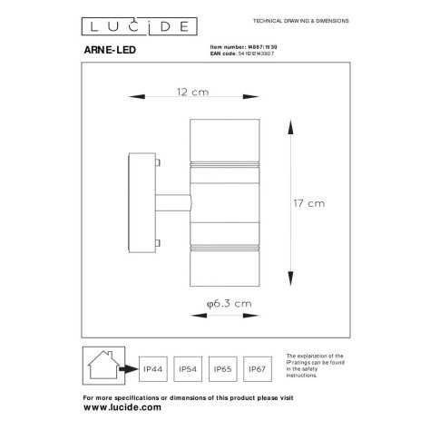 ARNE-LED - Spot mural / Applique mural Intérieur/Extérieur - Ø 6,3 cm - LED - GU10 - 2x5W 2700K - IP44 - Noir