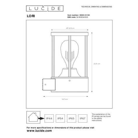 LORI - Applique murale Intérieur/Extérieur - Ø 12 cm - 1xE27 - IP44 - Détecteur Jour/Nuit - Anthracite