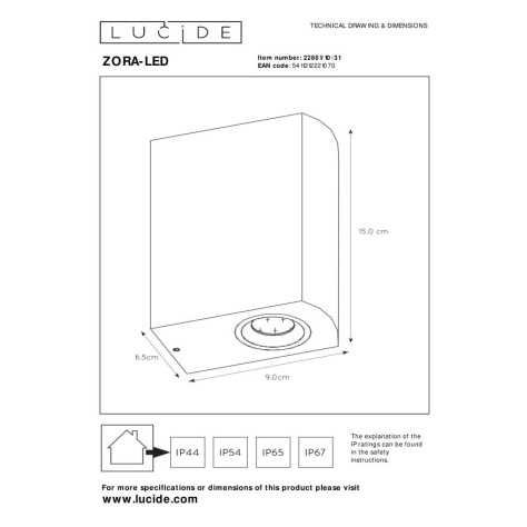 ZORA-LED - Spot mural / Applique mural Intérieur/Extérieur - LED Dim. - GU10 - 2x5W 3000K - IP44 - Blanc