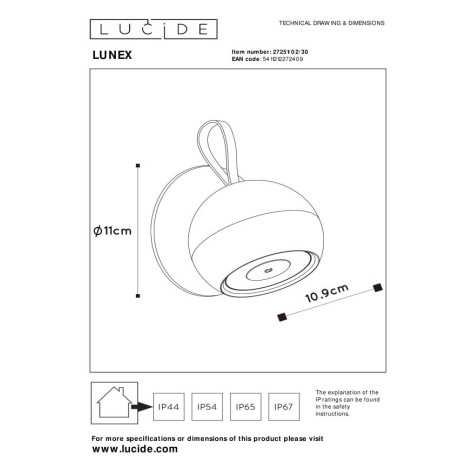 LUNEX - Applique murale Intérieur/Extérieur Rechargeable - Batterie/Piles - LED Dim. - 1x2W 3000K - IP54 - Magnétique -