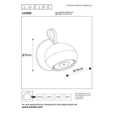 LUNEX - Applique murale Intérieur/Extérieur Rechargeable - Batterie/Piles - LED Dim. - 1x2W 3000K - IP54 - Magnétique -
