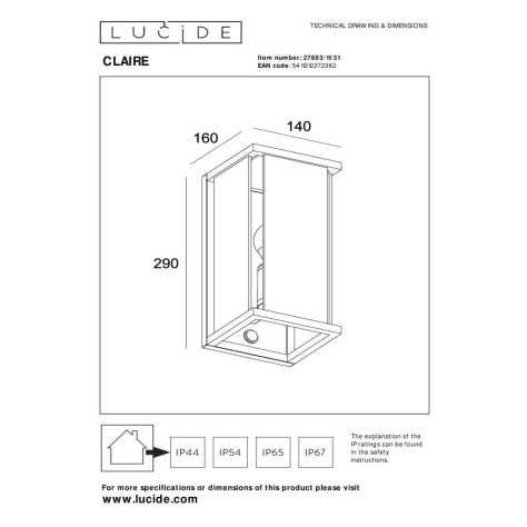 CLAIRE - Applique murale Intérieur/Extérieur - 1xE27 - IP54Détecteur De Mouvement & Jour/Nuit - Blanc