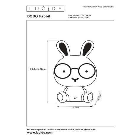 DODO RABBIT - Lampe de table Chambres d'enfant - LED Dim. - 1x3W - 3 StepDim - Rose