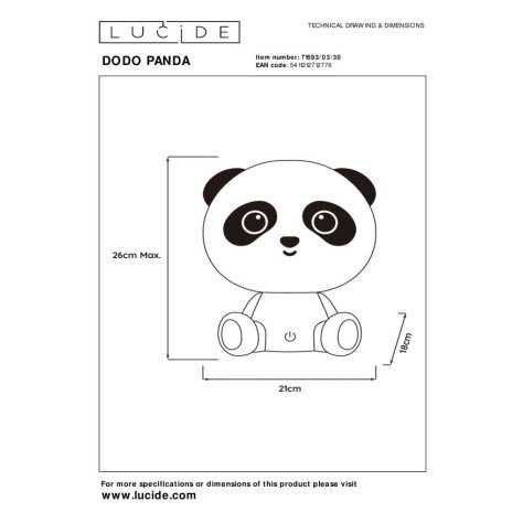 DODO PANDA - Lampe de table Chambres d'enfant - LED Dim. - 1x3W - 3 StepDim - Noir