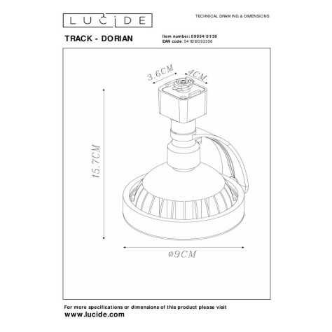 TRACK DORIAN Spot sur rail - Système de rail monophasé / Éclairage sur rail - 1xES111 - Noir (Extension)