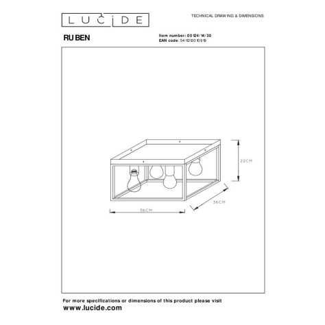 RUBEN - Plafonnier - 4xE27 - Noir