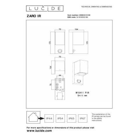 ZARO IR - Spot mural / Applique mural Intérieur/Extérieur - 1xGU10 - IP65Détecteur De Mouvement & Jour/Nuit - Noir