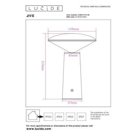 JIVE - Lampe de table Intérieur/Extérieur Rechargeable - Batterie/Piles - Ø 13,7 cm - LED Dim. - 1x3W 2800K/6500K - IP4
