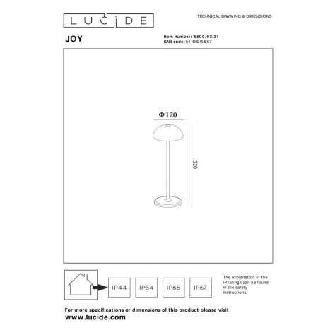 JOY - Lampe de table Intérieur/Extérieur Rechargeable - Batterie/Piles - Ø 12 cm - LED Dim. - 1x1,5W 3000K - IP54 - Bla