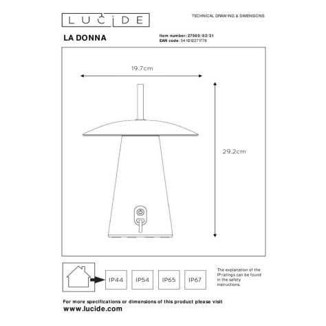 LA DONNA - Lampe de table Intérieur/Extérieur Rechargeable - Batterie/Piles - Ø 19,7 cm - LED Dim. - 1x2W 2700K - IP54