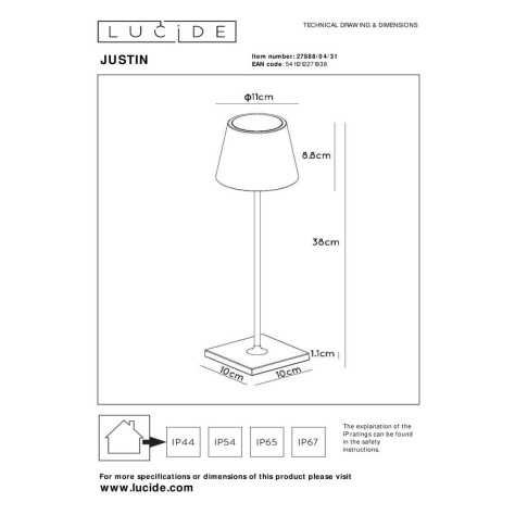 JUSTIN - Lampe de table Intérieur/Extérieur Rechargeable - Batterie/Piles - Ø 11 cm - LED Dim. - 1x2,2W 2700K/3000K - I