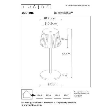 JUSTINE - Lampe de table Intérieur/Extérieur Rechargeable - Batterie/Piles - LED Dim. - 1x2W 2700K - IP54 - Avec statio