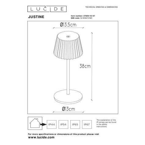 JUSTINE - Lampe de table Intérieur/Extérieur Rechargeable - Batterie/Piles - LED Dim. - 1x2W 2700K - IP54 - Avec statio