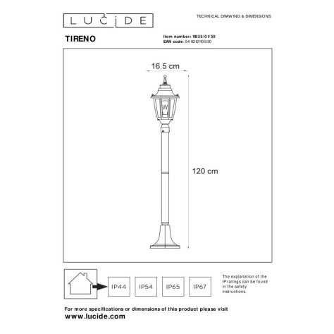 TIRENO - Lanterne / lampadaire exterieur - 1xE27 - IP44 - Noir