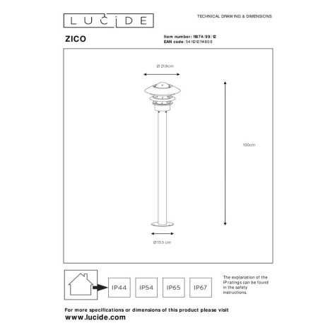 ZICO - Lanterne / lampadaire exterieur - Ø 21,8 cm - 1xE27 - IP44 - Chrome Dépoli