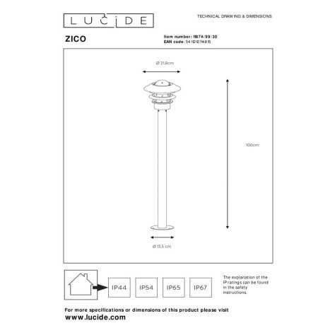 ZICO - Lanterne / lampadaire exterieur - Ø 21,8 cm - 1xE27 - IP44 - Noir