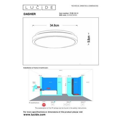 DASHER - Plafonnier Salle de bains - Ø 34,8 cm - LED - 1x18W 2700K - IP44Détecteur De Mouvement & Jour/Nuit - Blanc