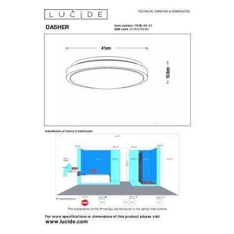 DASHER - Plafonnier Salle de bains - Ø 41 cm - LED - 1x24W 2700K - IP44Détecteur De Mouvement & Jour/Nuit - Blanc