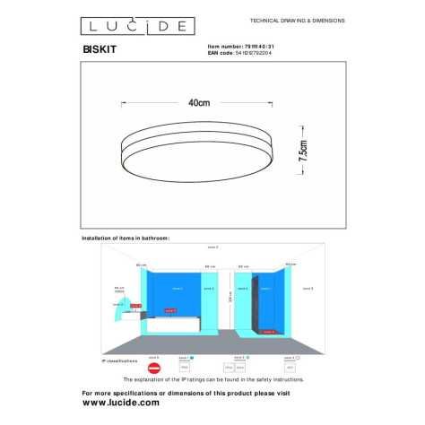BISKIT - Plafonnier Salle de bains - Ø 40 cm - LED - 1x36W 2700K - IP44Détecteur De Mouvement & Jour/Nuit - Blanc