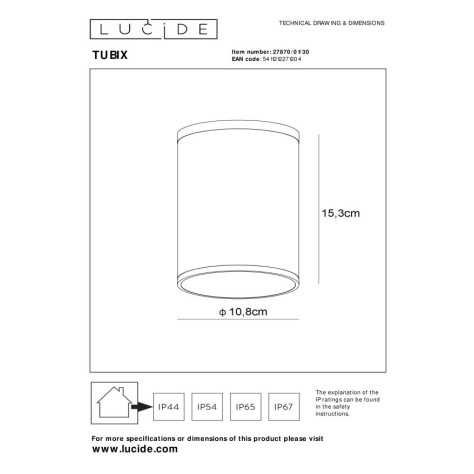 TUBIX - Spot plafond Intérieur/Extérieur - Ø 10,8 cm - 1xE27 - IP54 - Anthracite