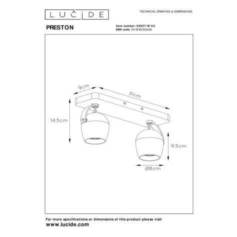 PRESTON - Spot plafond - LED Dim to warm - GU10 - 2x5W 2200K/3000K - Or Mat / Laiton