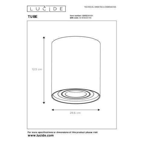 TUBE - Spot plafond - Ø 9,6 cm - 1xGU10 - Blanc
