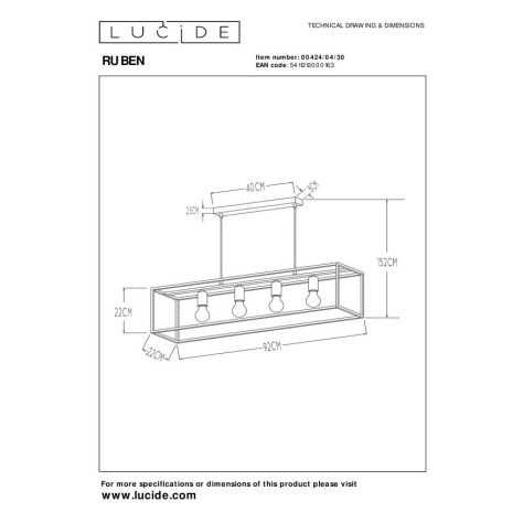 RUBEN - Suspension - 4xE27 - Noir
