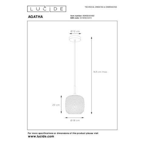AGATHA - Suspension - Ø 18 cm - 1xE27 - Or Mat / Laiton