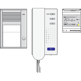 Kit audio avec un poste extérieur en saillie muni d'un bouton-poussoir de sonnerie, d'une alimentation et d'un poste intérieur avec combiné, préprogrammé