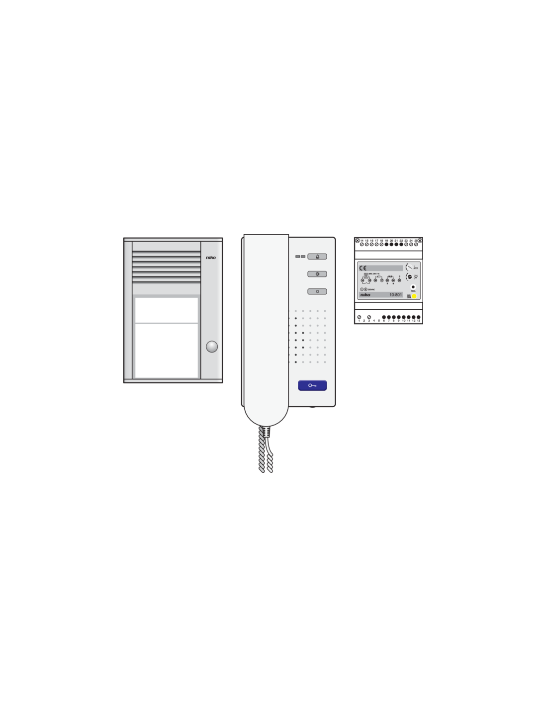 Kit audio avec un poste extérieur en saillie muni d'un bouton-poussoir de sonnerie, d'une alimentation et d'un poste intérieur avec combiné, préprogrammé