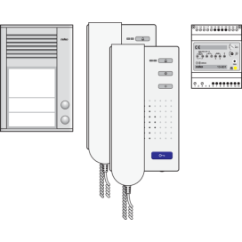 Kit audio avec un poste extérieur en saillie muni de deux boutons-poussoirs de sonnette, d'une alimentation et de deux postes intérieurs avec combiné, préprogrammé
