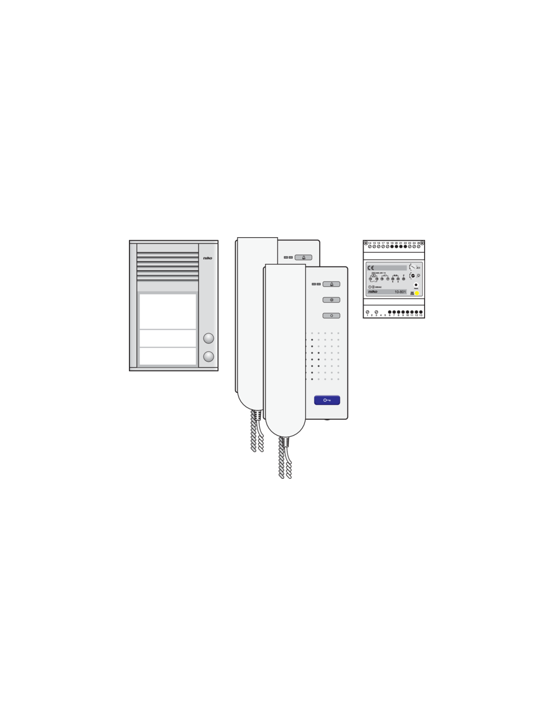 Kit audio avec un poste extérieur en saillie muni de deux boutons-poussoirs de sonnette, d'une alimentation et de deux postes intérieurs avec combiné, préprogrammé