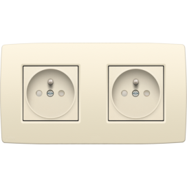 Prise de courant double horizontale avec broche de terre et obturateurs de protection, profondeur d’encastrement de 21 mm, y compris plaque de recouvrement, bornes à connexion rapide, couleur cream