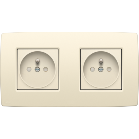 Prise de courant double horizontale avec broche de terre et obturateurs de protection, profondeur d’encastrement de 21 mm, y compris plaque de recouvrement, bornes à connexion rapide, couleur cream