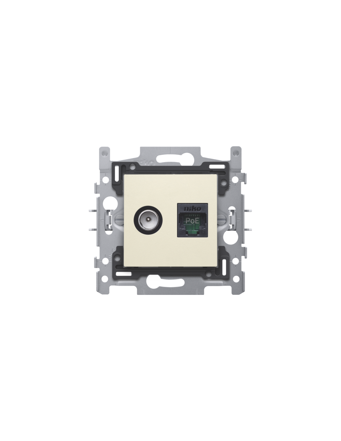 Combinaison coax avec connexion RJ45 UTP Cat. 5E, prêt pour l'alimentation PoE++, modèle plat, incl. socle 60 x 71 mm avec fixation par griffes et set de finition, agréation Wyre (Telenet-Interkabel) et VOO, couleur cream